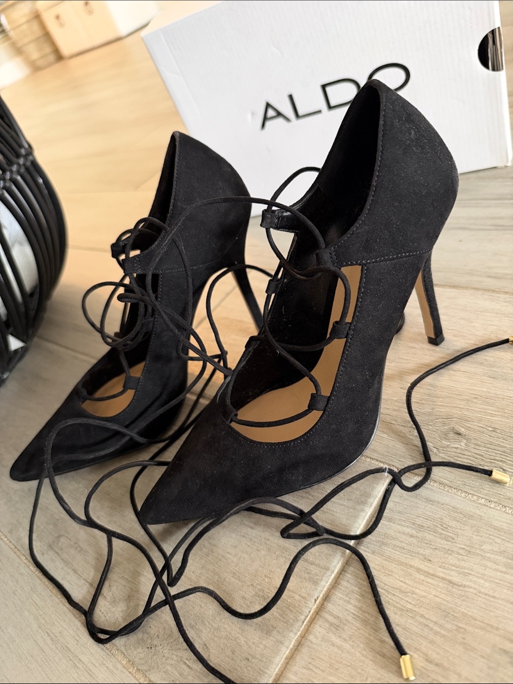 Aldo Black Suede Lace-Up Pointed Toe Stilettos